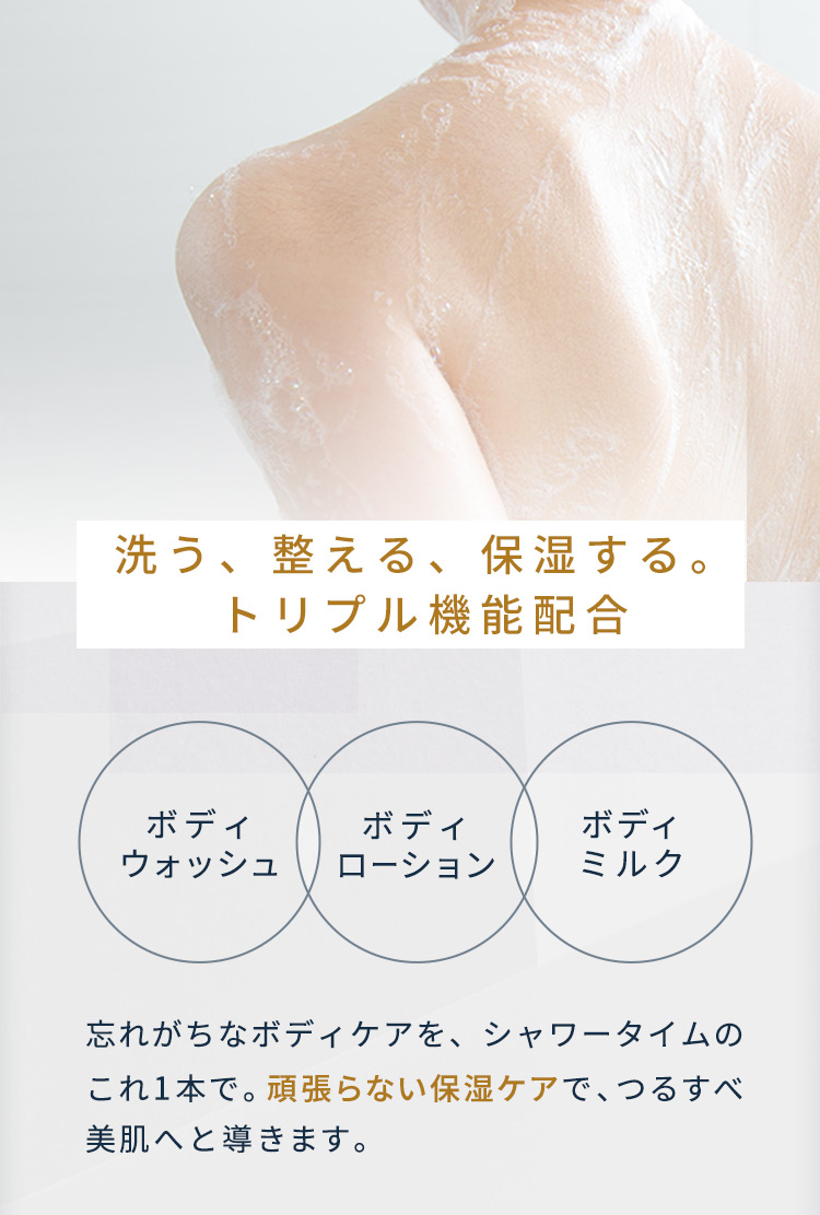 洗う、整える、保湿する。トリプル機能配合。ボディウォッシュ、ローション、ミルク。忘れがちなボディケアを、シャワータイムのこれ1本で。頑張らない保湿ケアで、つるすべ美肌へと導きます。